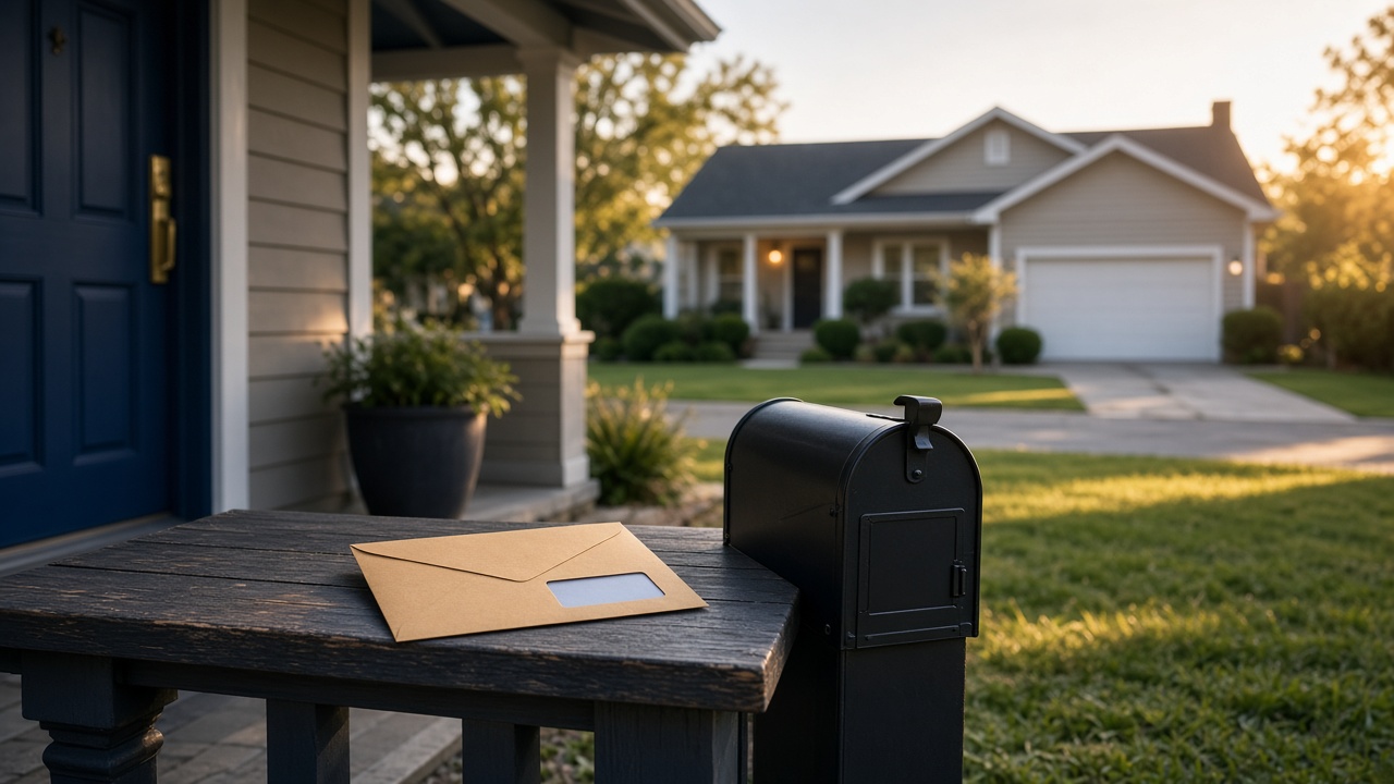 Suburban house porch with a property tax notice, illustrating selling a home with unpaid property taxes or a tax lien