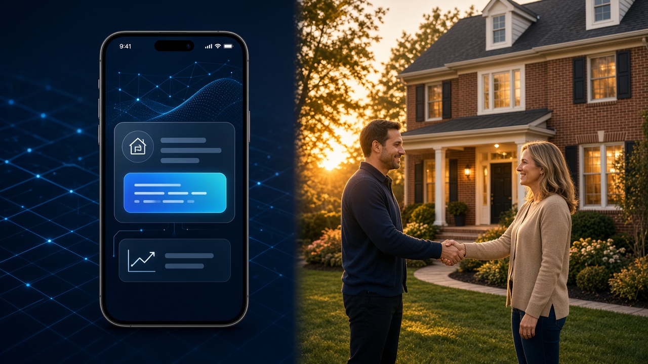 Conceptual comparison of an iBuyer app-based cash offer versus a local cash home buyer handshake in front of a suburban house